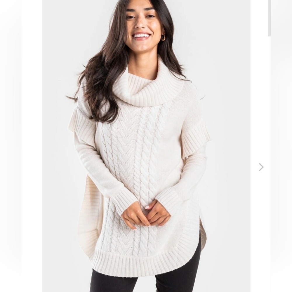 New Francesca's Emma Cable Knit Cream White Turtleneck Sweater Poncho